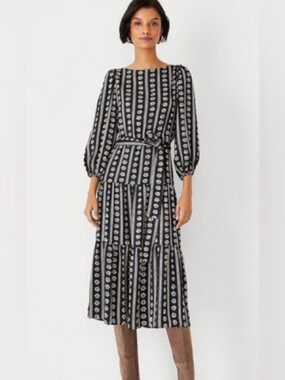 Ann Taylor Black and Cream Printed Tiered Midi Dress